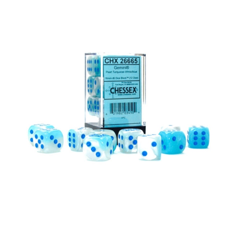 Chessex Dice: Gemini: 16mm d6 Pearl Turquoise-White/blue Luminary Dice Block (12 dice)